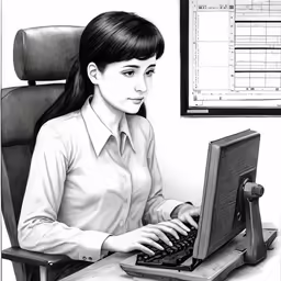 an ink - drawing of a young woman typing on her computer