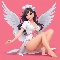 an illustration of a girl with long legs, white dress and wings on