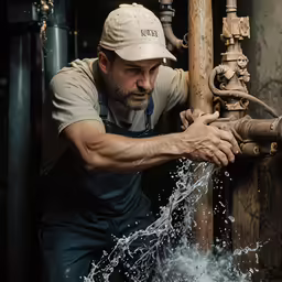 a man in work gear and baseball cap working on an industrial pipe