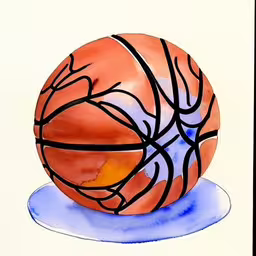 the basketball is made up of watercolics and inks,watercolor and ink painting of a basketball,a drawing of an orange ball on top of a blue disk,a drawing of a basketball ball on a white paper,a ball that is sitting on top of a blue floor