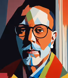 a painting of a man wearing glasses and a suit,a picture of a man in glasses is featured