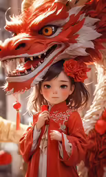 girl in traditional chinese costume standing next to fire breathing dragon