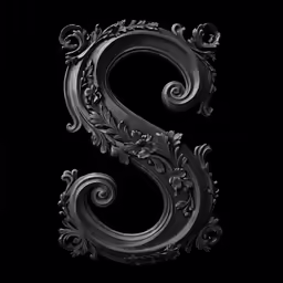 a very unusual, ornate letter s in black and white