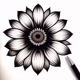 a black and white flower with some pen on it