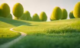 green grassy landscape with trees and a pathway