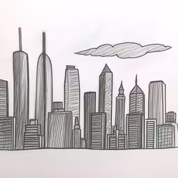 this drawing has a sky line in the city,a drawing of a city skyline in pen and ink