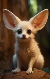an adorable little dog with big ears sitting down on top of a wooden stump