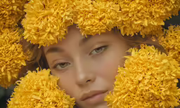 a woman with her eyes open behind some yellow flowers