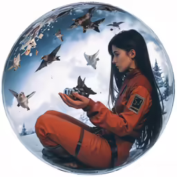 a young woman sitting in the middle of birds on a glass ball