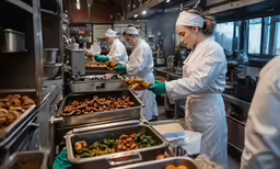 a line of workers at a food service work