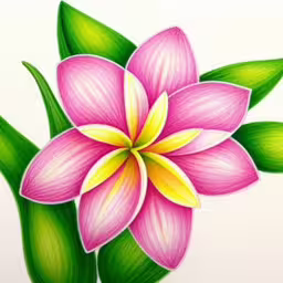 drawing a flower with color pencils on a white paper,a drawing of a pink flower with green leaves