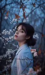 a woman with flowers in her hair is posing for a photo