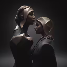 two black women wearing futuristic clothing, one of them with head wrapped around her