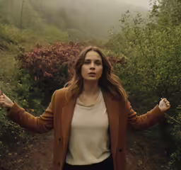 a woman holding out two hands while standing on a trail