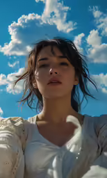 a woman in white shirt and long sleeves looking up