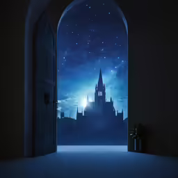 a building with a steeple at night with stars above the door