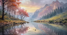 a beautiful landscape with mountains and trees on the edge