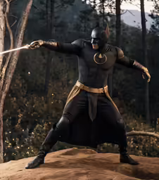 an action figure posed in a batman costume