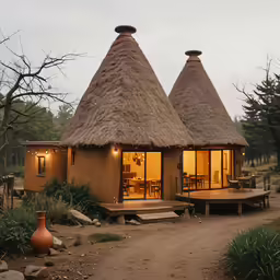 a straw thatched building has an open porch