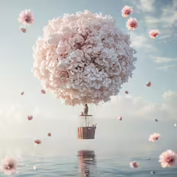 a balloon is floating above the water and there is pink flowers in the sky
