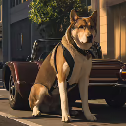 dog sitting by old car in outdoor city setting