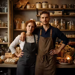 the couple is dressed in black and tan posing together