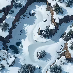 an aerial view of some pine trees, river, and snowy hills