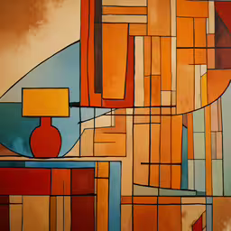 an abstract painting with a red vase on it,a painting with orange, yellow and blue colors