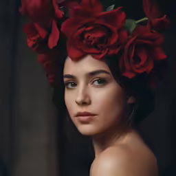 a close up of a woman with red roses on her head