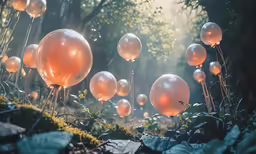a garden with lots of round lights and greenery