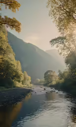 a stream flows through a wooded valley surrounded by mountains