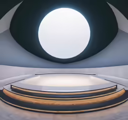 an empty white room with stairs and lights in the corner