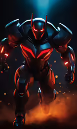 the robot suit is on display in a dark room