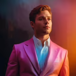 a portrait of a man in a pink suit
