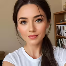 woman with pigtails with long hair wearing a white t - shirt and brown eyeshadow
