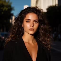 a woman in black is posing for a photo