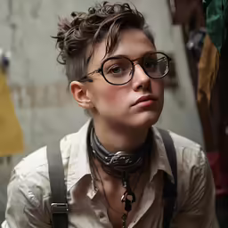 a woman wearing glasses and a collar with suspenders and hair in the wind