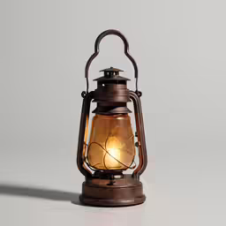 a lit lantern with an intricate handle and light