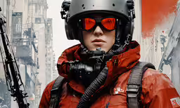 a person wearing glasses with a helmet and a jacket,a person wearing an orange jacket and matching helmet