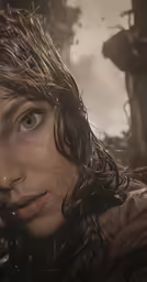 a woman staring into the camera with wet hair on her head