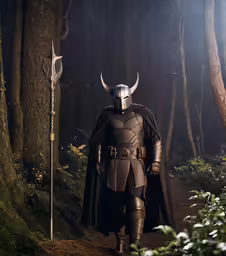 a man dressed in armor walking through a forest