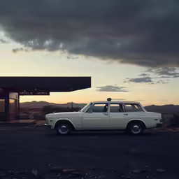 an old car sitting under the clouds in front of a gas station