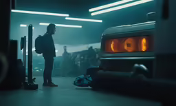 a man standing in front of a car in a garage