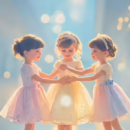 three little girls are holding hands together and smiling