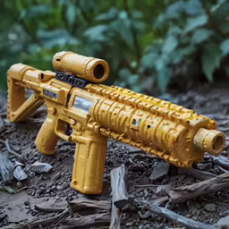 the yellow plastic gun is lying on the ground