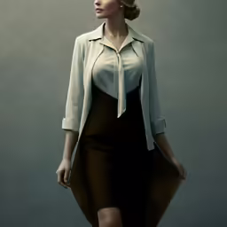 a woman in a black dress wearing a cream jacket