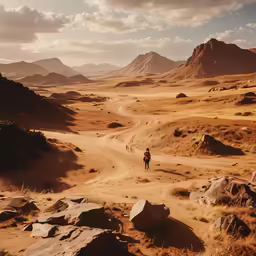 two people trekking through the mountains in the desert