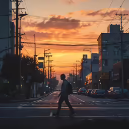 a person is walking on the sidewalk in the middle of an empty city street