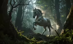 a white horse running through a lush green forest