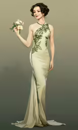 woman in evening gown holding flowers, in an artistic photo